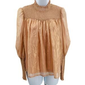 Aeom Gold Shiny Gathered Bodice & Cuff Long Sleeve Boho Retro Blouse XS NWT